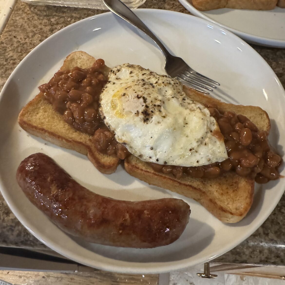 Beans and toast and sausage