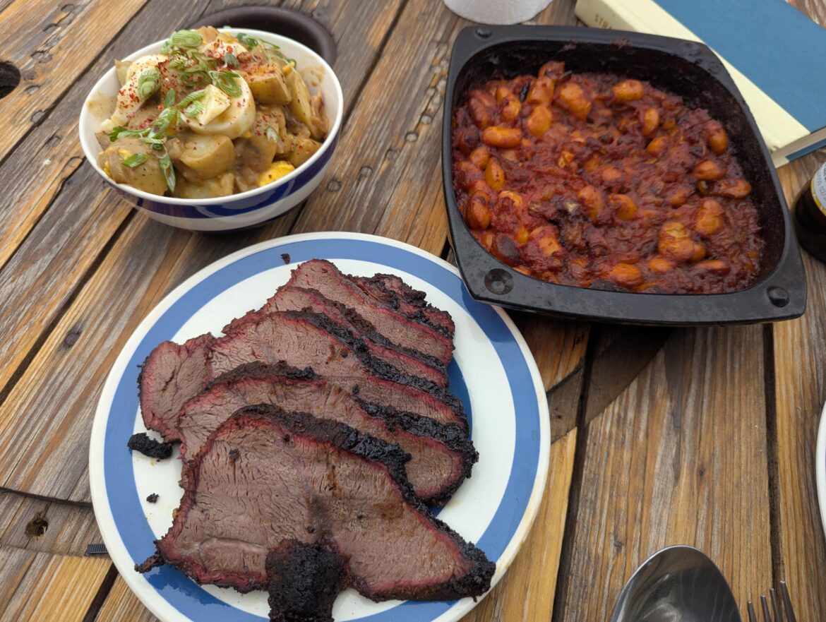 Smoked brisket, beans and warm potato salad