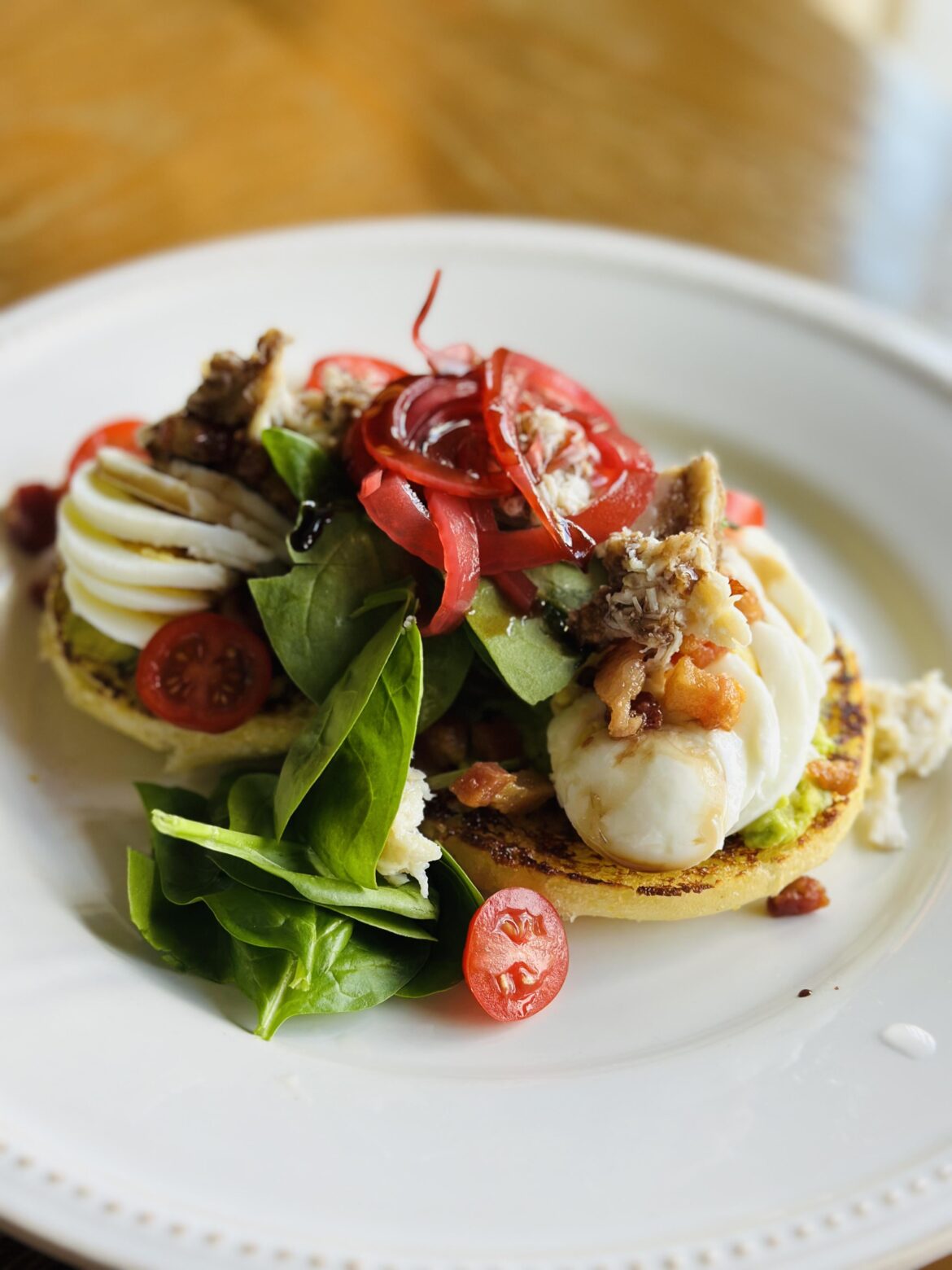 Avocado toast w crab on English muffins.