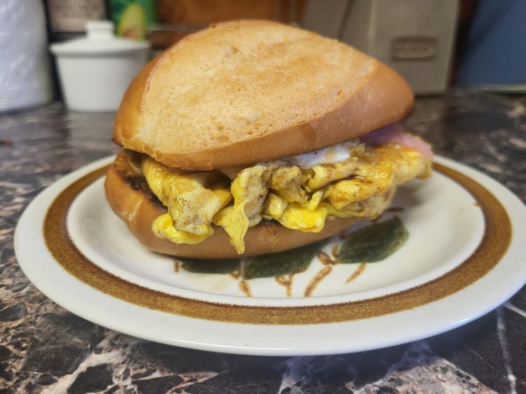 Tortita de huevo con salsa, queso y cebolla.