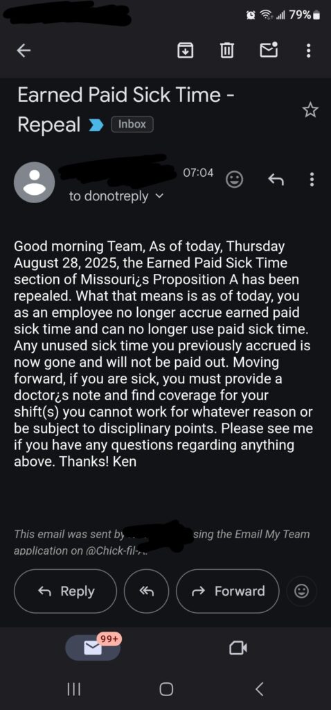 C-F-A wasted no time deleting sick time. Hope you like sick people making your food..