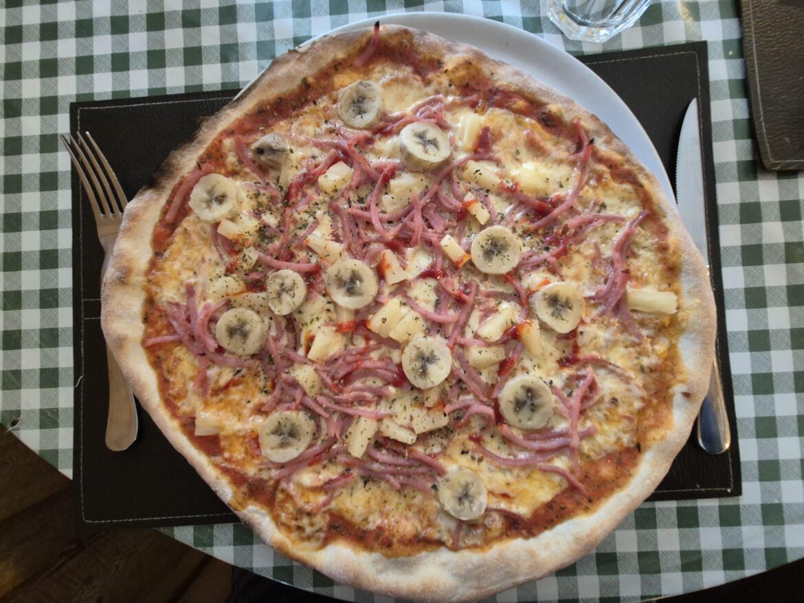 My favourite pizza, a Hawaii with added bananas and hot sauce. Criminally tasty.