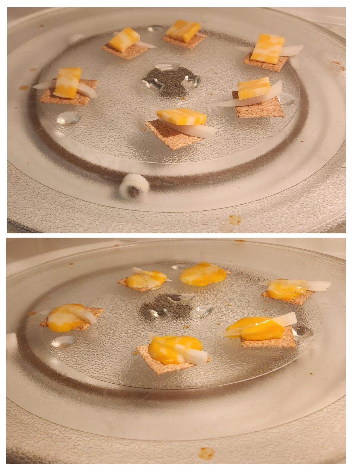 Wheat thins with onion slivers and Colby Jack cheese squares, before and after being finished for 11 seconds on high in the microwave