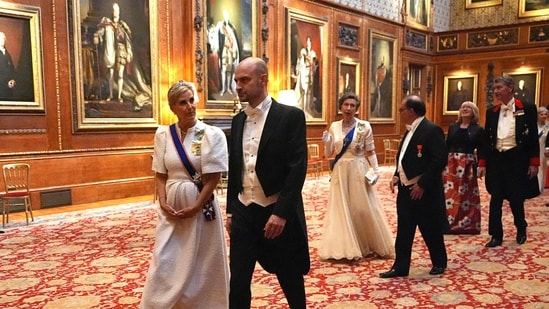 Britain's Sophie, Duchess of Edinburgh (L) and France's Minister for Europe and Foreign Affairs Jean-Noel Barrot arrive to attend a State Banquet at Windsor Castle, west of London.(AFP)