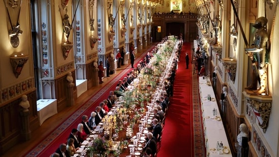 A general view of the State Banquet hosted by Britain's King Charles III and Queen Camilla for France's President Emmanuel Macron and his wife Brigitte Macron, at Windsor Castle, in Windsor, England, Tuesday, July 8, 2025. (Chris Jackson/Pool Photo via AP)(AP)