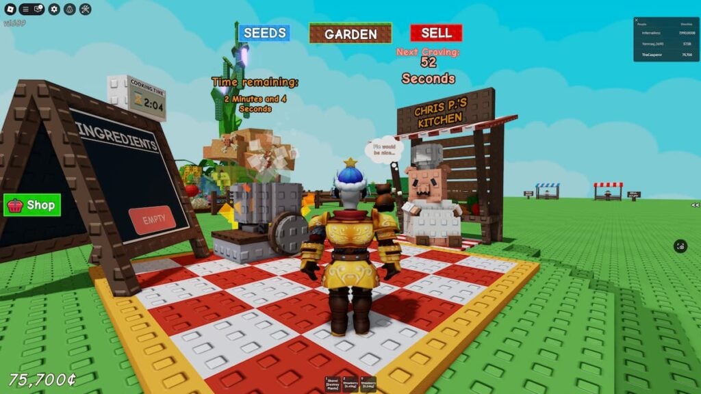 Picture showing player talking to Chris P. in Grow a Garden.
