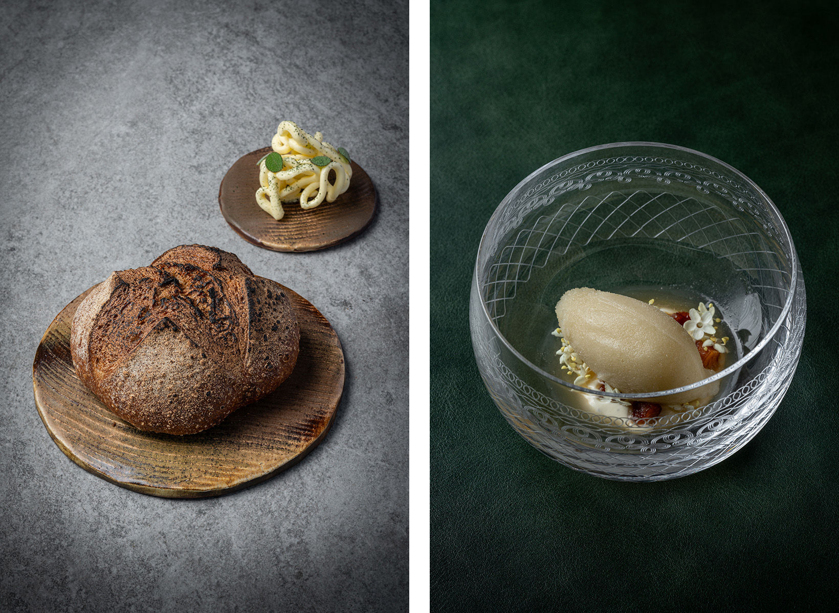 Bread with buckwheat and Sage Butter (left) and Apple Sorbet,Elder Flower (right)