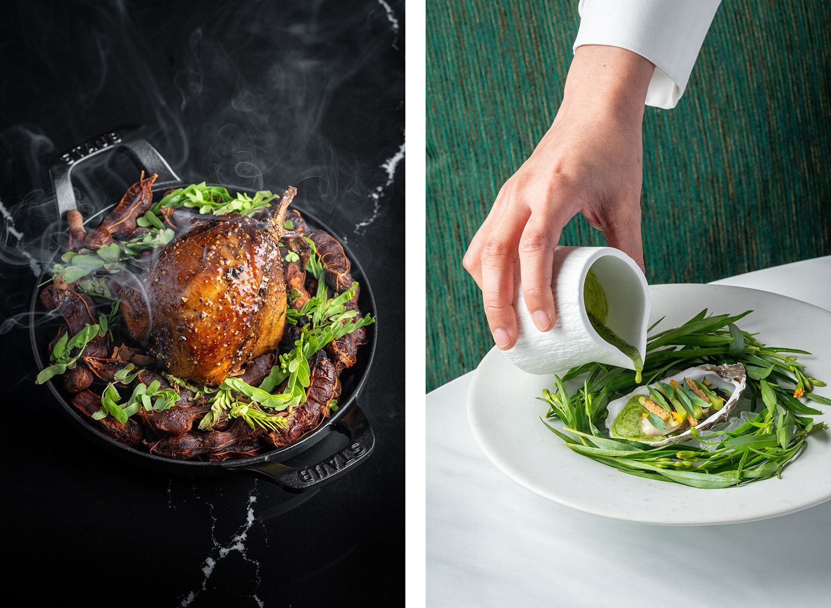 TAMARIND, Brittany pigeon, turnip, mulberry (left) and TARRAGON, Ostra Regal Oyster, Kiwi (right)