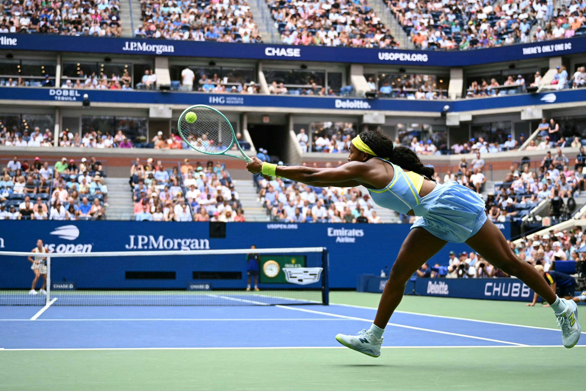 A woman playing tennis. 