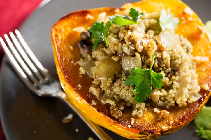 Winter Squash stuffed with quinoa, mushrooms and onions.