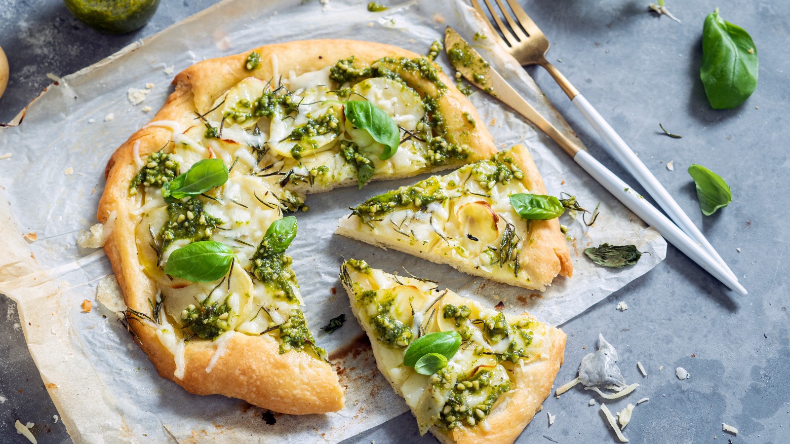 traditional Italian dish of Pizza with stracchino on a table