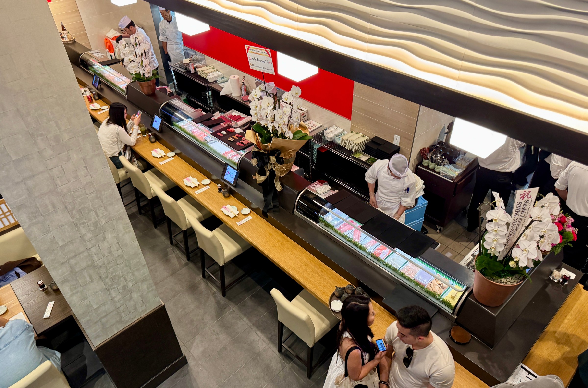 Overhead shot of sushi bar at Sushi Zanmai