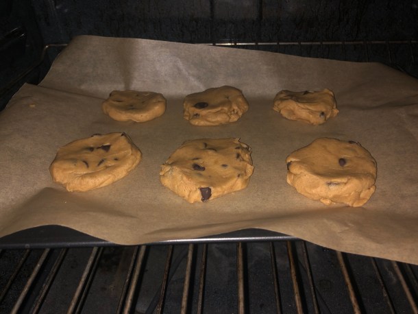 Baking the coffee biscuits in the oven.