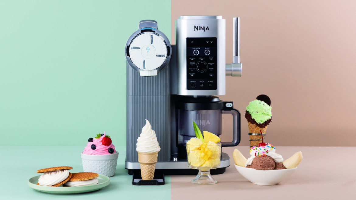 Ninja Swirl by Creami in lifestyle setting with mint and brown backgrown and ice cream