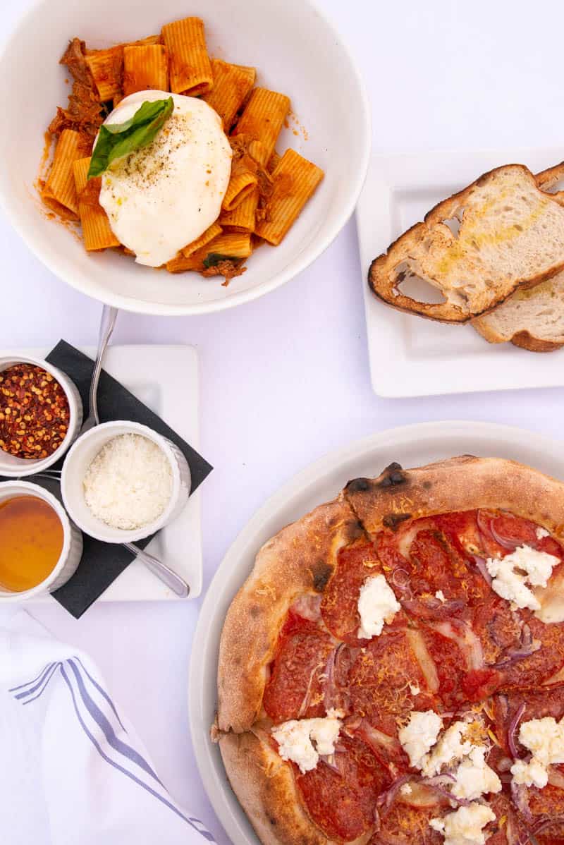 Italian restaurants in Phoenix: Pizzeria Virtu's rigatoni. burrata and calabrese pizza