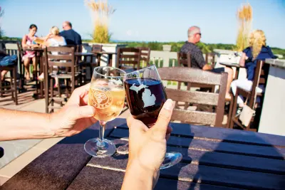 cheers wine glasses on patio