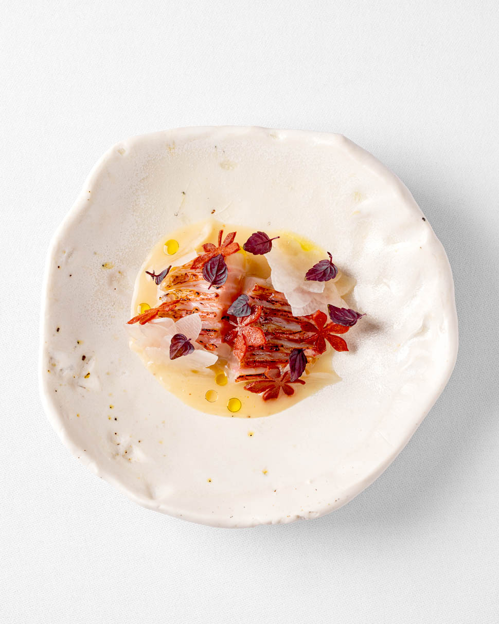 Red Mullet from Brixham Devon With Piedmont hazelnuts rhubarb and argan oil 