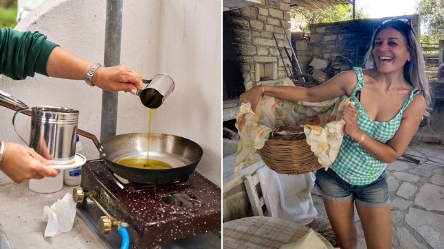 A hand pouring olive oil into a frying pan, next to Sabi Phagura holding a basket and smiling in Crete, Greece.