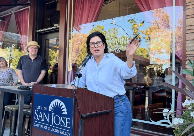 Luna Mexican Kitchen owner Jo Lerma-Lopez talks about her neighboring businesses on The Alameda in San Jose during a launch for a new Community Benefit Improvement District in the neighborhood on Aug. 28, 2025. (Sal Pizarro/Bay Area News Group)