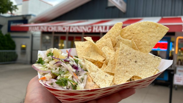 A colorful dip with tortilla chips. The sign for Hamline Church Dining Hall is in the background