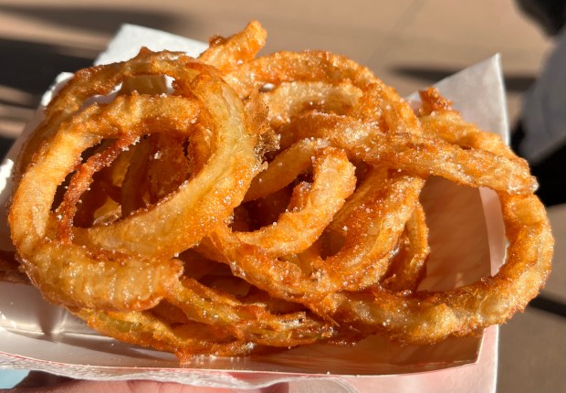 a tray of golden brown onion rings
