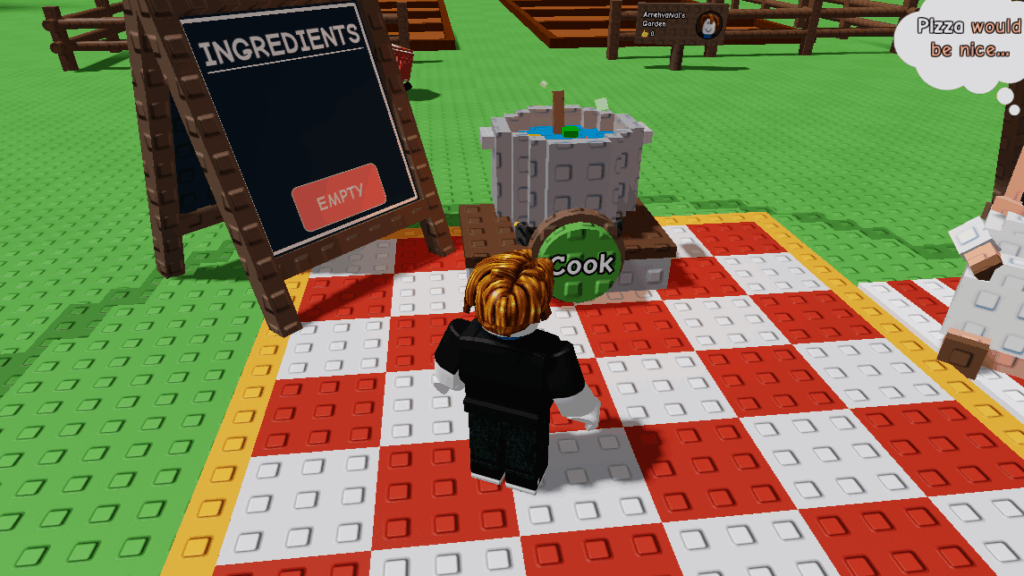Roblox Grow a Garden screenshot featuring a player at the Cooking Pot to cook food recipes.