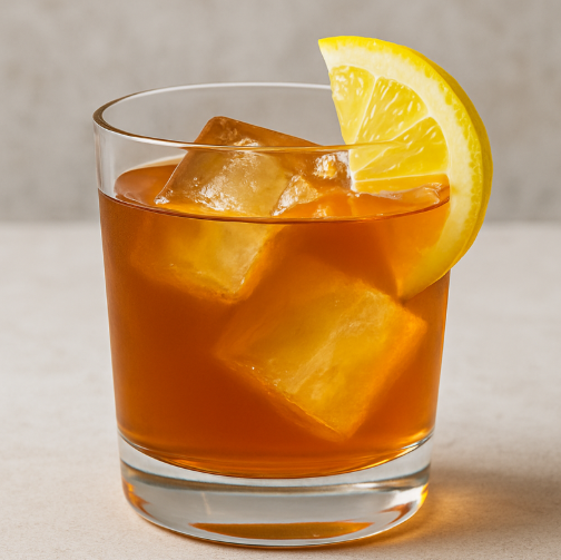 Iced bourbon drink with a lemon slice