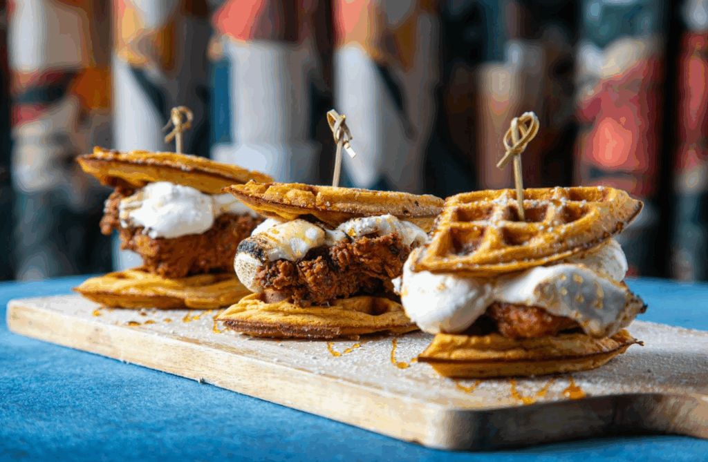 A trio of Chicken and waffle sliders using waffles for buns and chicken in middle. All three have a toothpick coming out the top