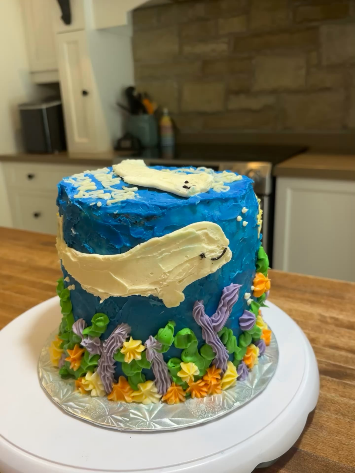 An ocean themed cake for a friend who studies beluga whales!