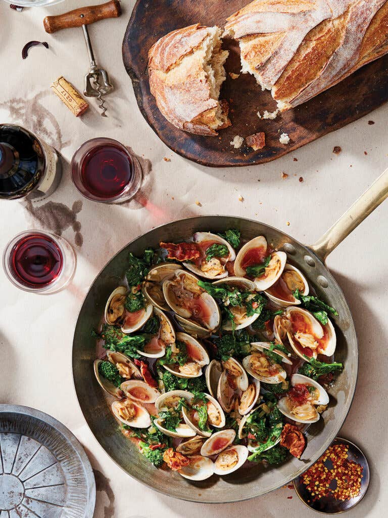 Clams with Broccoli Rabe and Crispy Prosciutto in Tomato-Wine Sauce