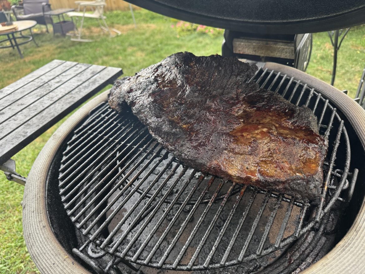 12 lb brisket cooked to 210°F in 6 hours. Dome temp held at 225/235°F throughout. 12 lb brisket cooked to 210°F in 6 hours. Dome temp held at 225/235°F throughout.