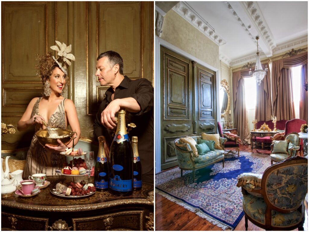 waiters serving champage and petit fours on the left and antique french salon on the right