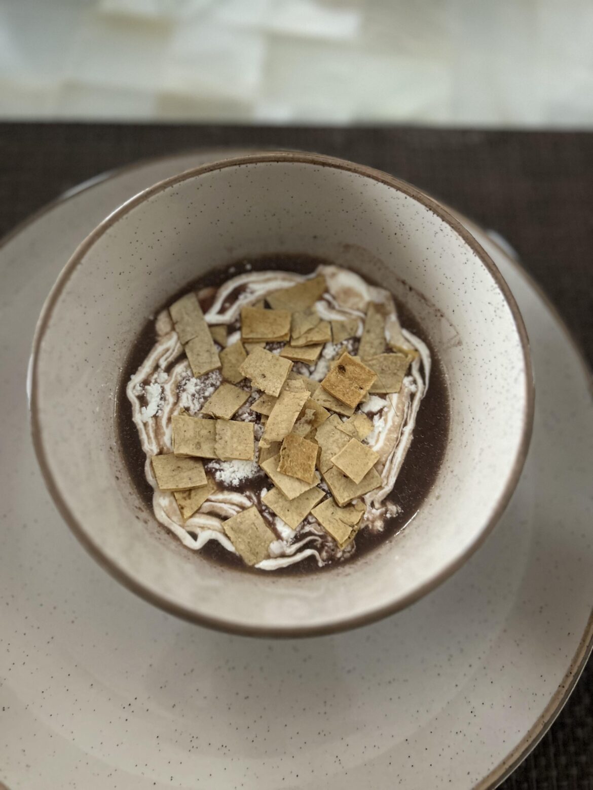 Black bean soup with tortilla chips made by me