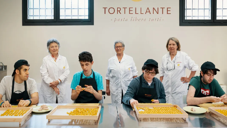 Emilia Panini, Candida Leonardi, and  Loredana Grandi with students at Tortellante. Massimo Bottura's son, Charlie, is on the left. (Photo: Maurizio Camagna)
