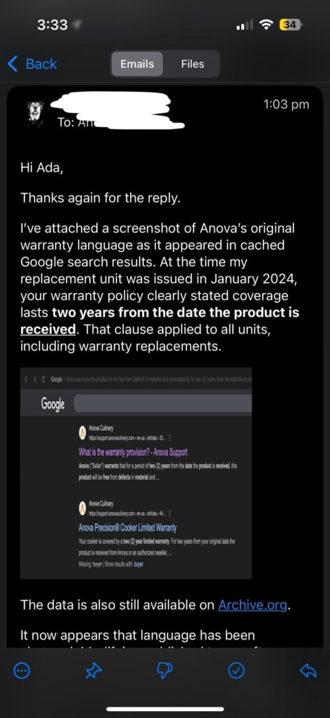 Anova edited their warranty language after the fact to deny a valid replacement