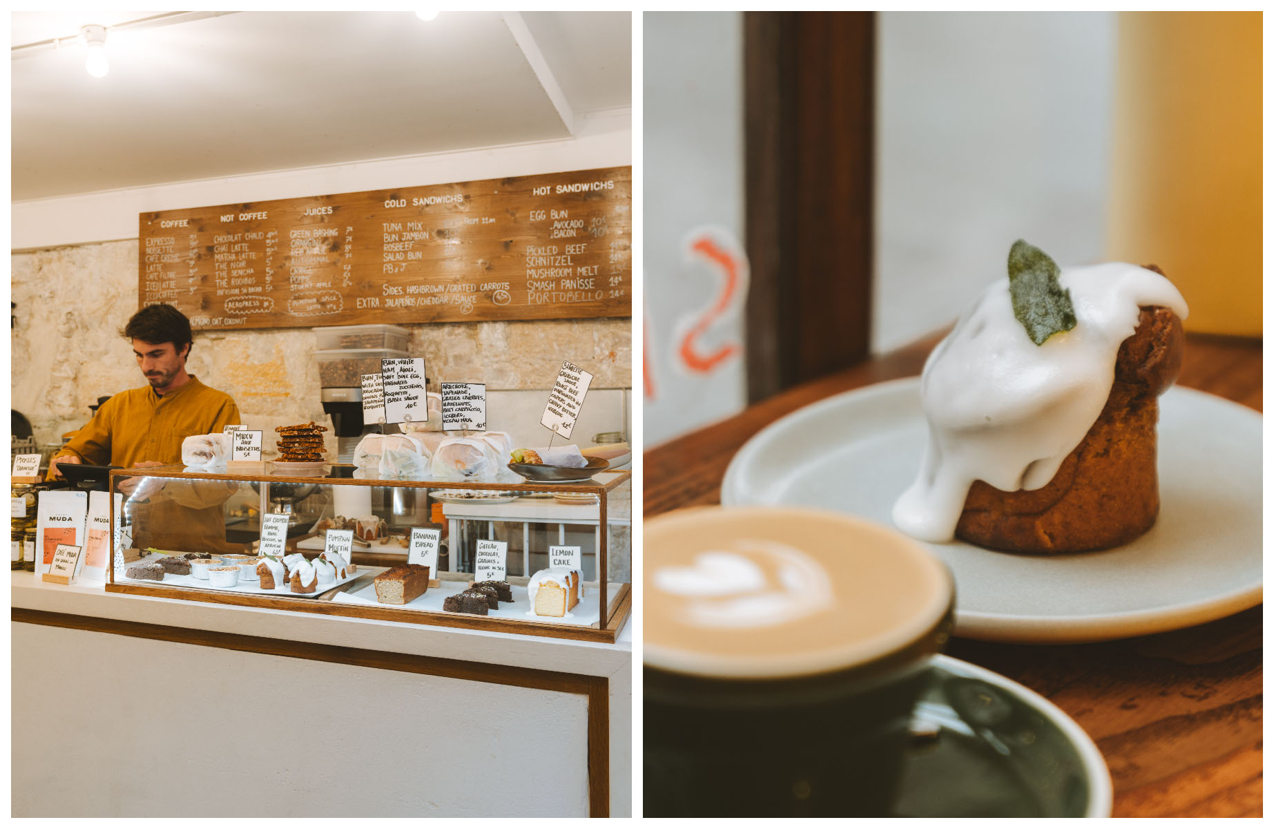 Chanceux owner Thomas Lehoux behind the counter at his rue Galande coffee shop, serving some of the best pour-overs in town along with sticky iced cakes. (©Joann Pai)