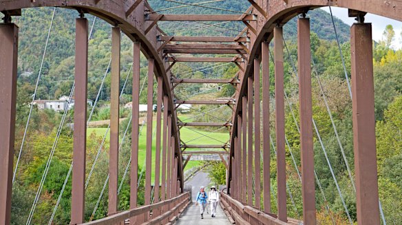 Crossing a bridge over the Lao River in Pollino National Park.