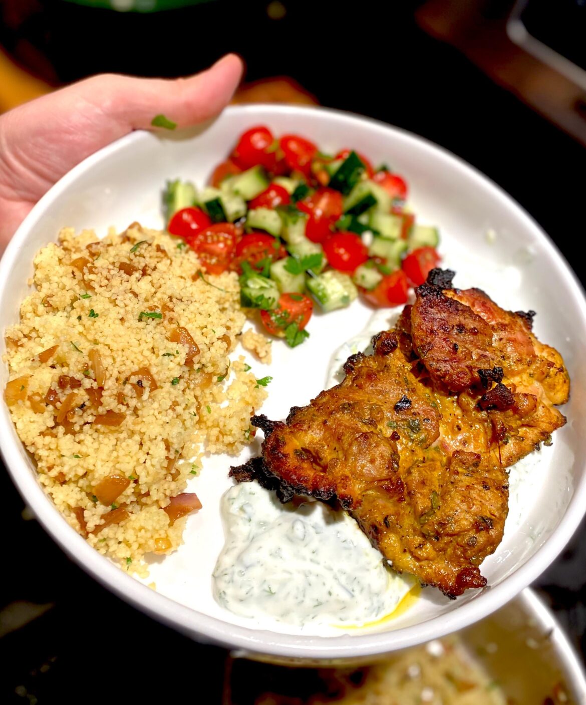 Grilled chicken with tzatziki, couscous, and cucumber tomato salad [homemade]