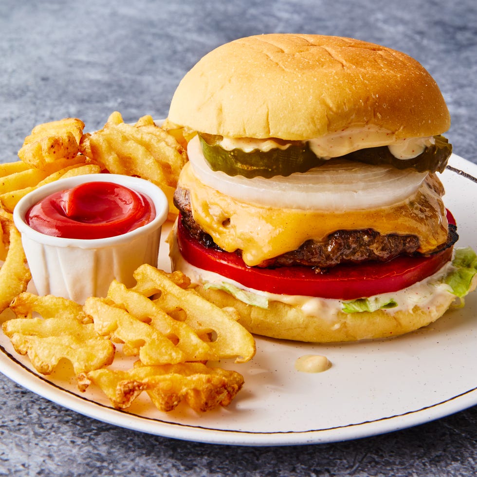 best ever burger with pickles, onions, cheese, tomato, burger sauce