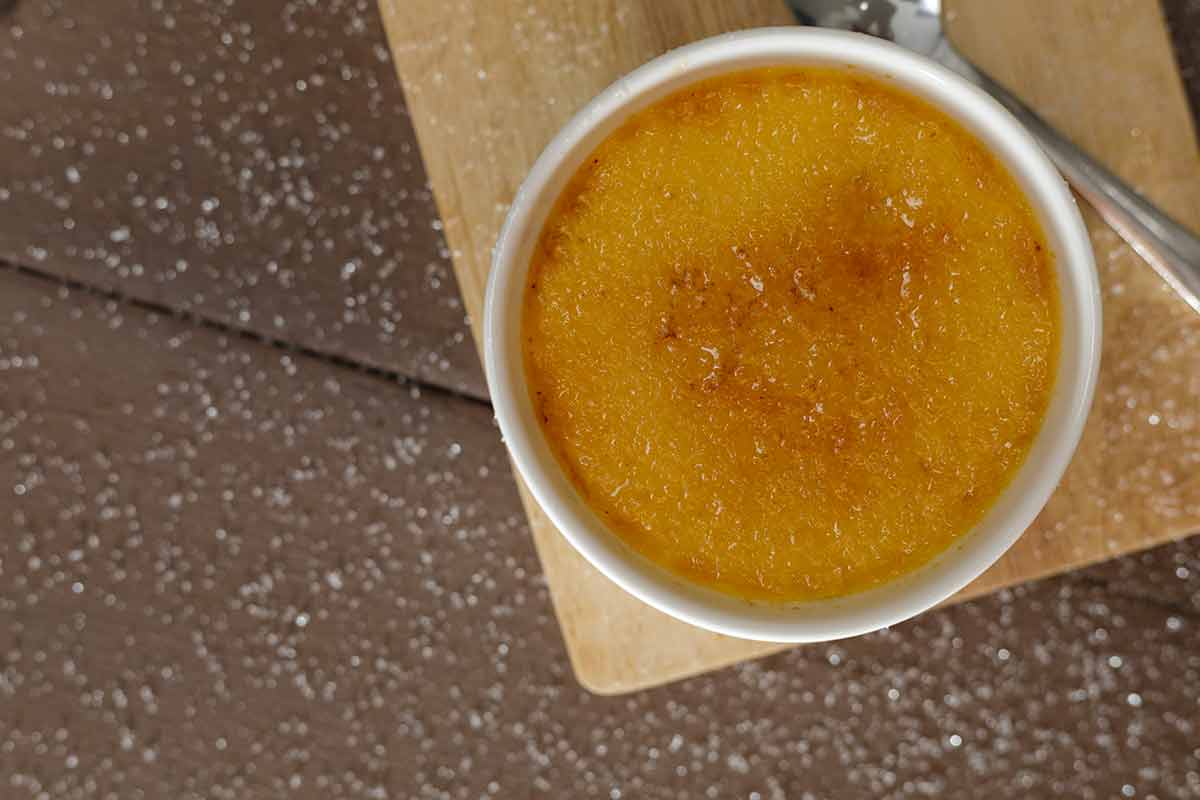 Close Up Close Up Homemade Creme Brulee In White Ramekin