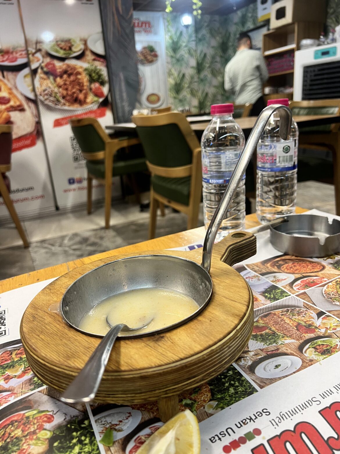 Ordered soup , served in a ladle