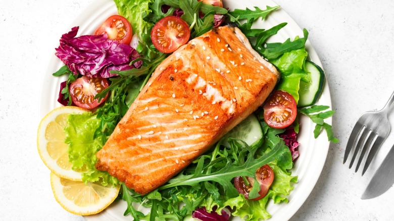 Overview of salmon, tomatoes, and cucumber on a salad