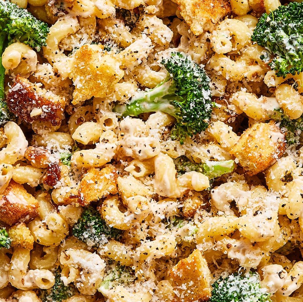broccoli caesar pasta salad topped with crunchy croutons