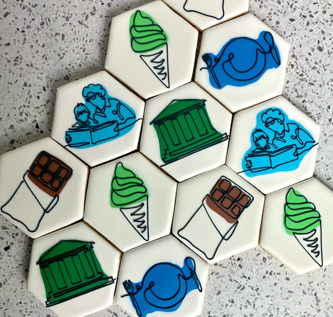 “My Favorite things” set in the roundhouse style for a silent auction winner. I asked her what her favorite things were and she said “ice cream, chocolate, dining out, museums, my grandson, contemporary art, and the colors green and blue.” How did I do?