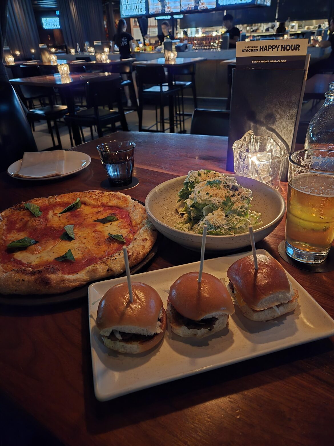 Underrated late night happy hour eats. Margherita pizza, gem caesar and mini macs from King Taps at 12:15am