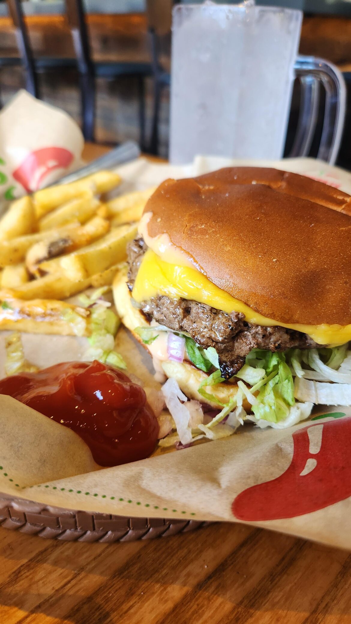 Chili's cheeseburger and fries.