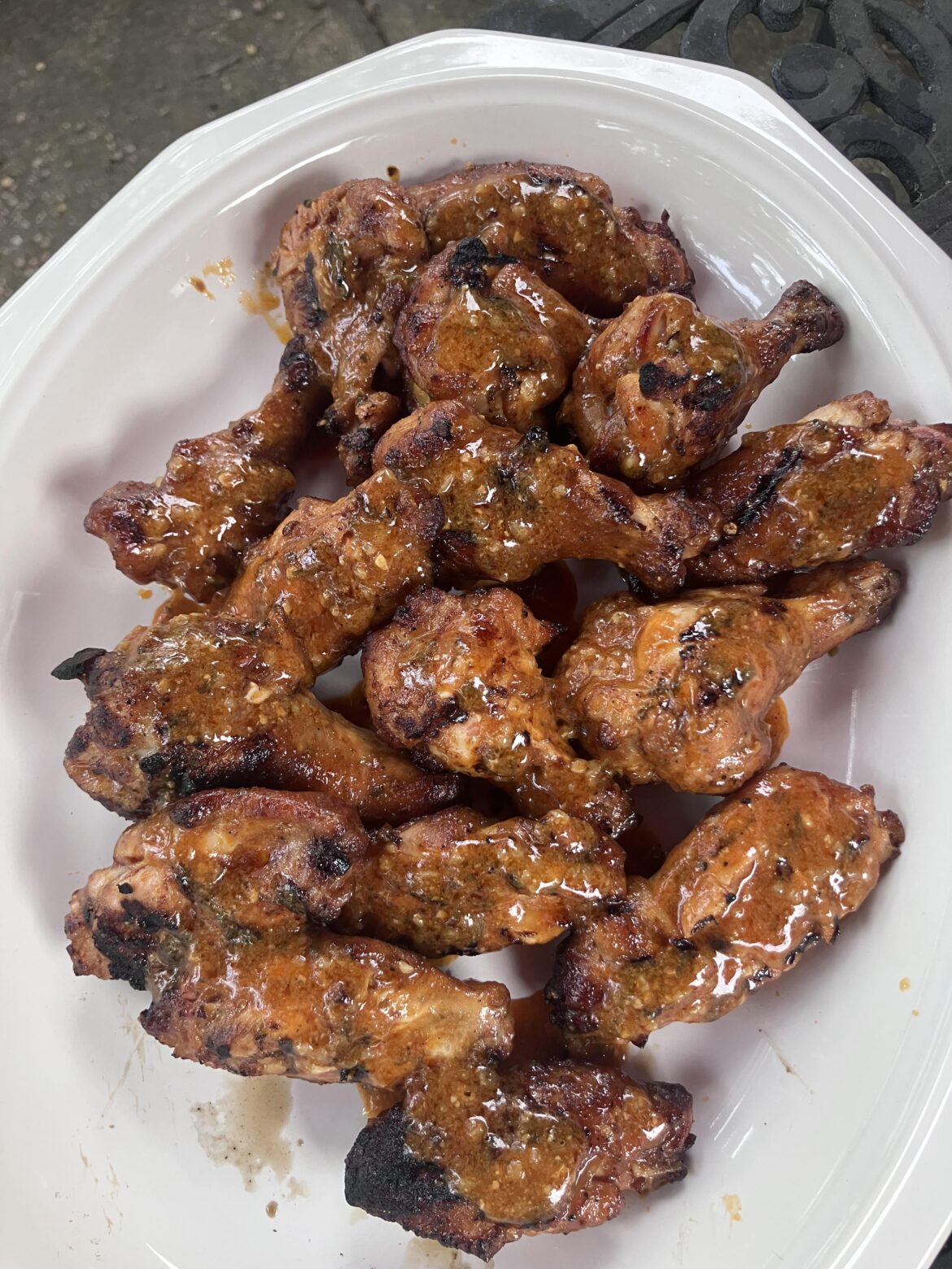 Charcoal and smoke for 15 with HOT indirect. Sauce. Cook for 5.  Sauce. Cook for 5. Sear. Plate.