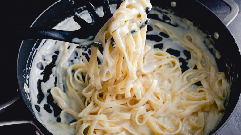fettucine Alfredo in a pan
