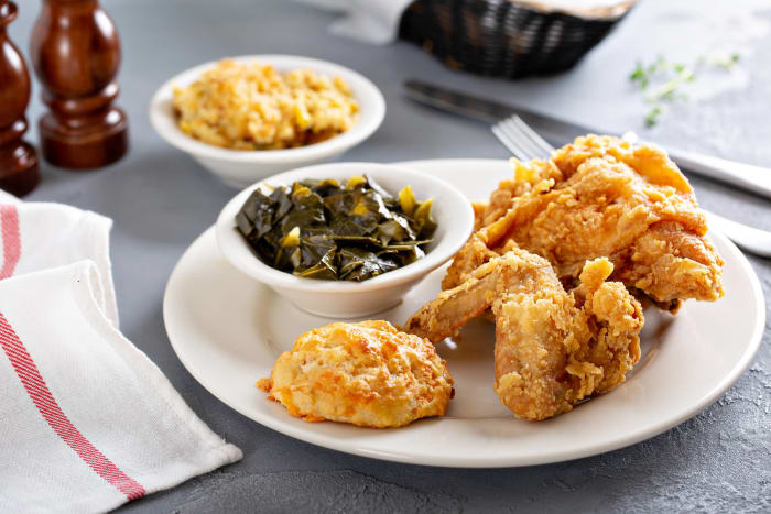 Chicken, collard greens, rice, stuffing, macaroni & cheese - “Christmas in Hollis”