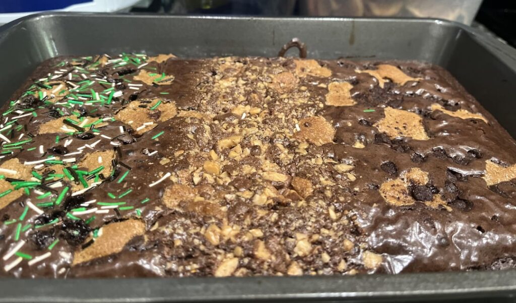 Made slutty brownies. Brownies with dollops of cookie dough. Topped with fudge brownie bites, or Heath Bar crumbles, or Eagles themed jimmies.